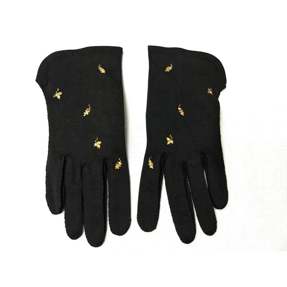 Madeleine Debs Wristlet Gloves Black Gold Embroidered Leaf Rhinestone Size 7 Vtg